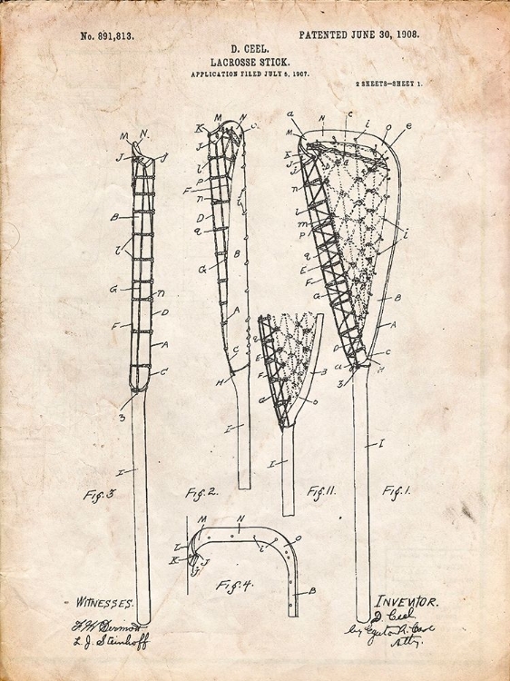 Picture of PP166- VINTAGE PARCHMENT LACROSSE STICK PATENT POSTER