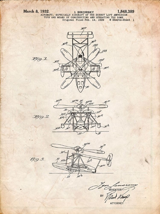 Picture of PP170- VINTAGE PARCHMENT SIKORSKY S-41 AMPHIBIAN AIRCRAFT PATENT POSTER