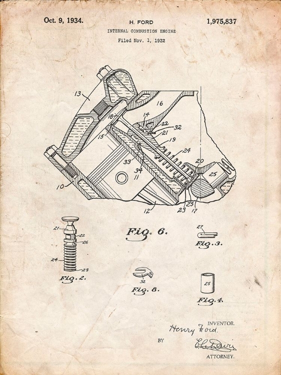 Picture of PP172- VINTAGE PARCHMENT FORD V-8 COMBUSTION ENGINE 1934 PATENT POSTER