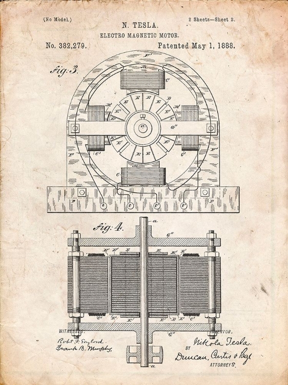 Picture of PP173- VINTAGE PARCHMENT TESLA ELECTRO MOTOR PATENT POSTER