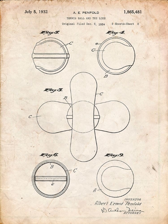 Picture of PP182- VINTAGE PARCHMENT TENNIS BALL 1932 PATENT POSTER