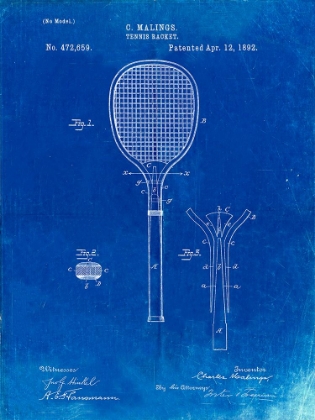 Picture of PP183- FADED BLUEPRINT TENNIS RACKET 1892 PATENT POSTER