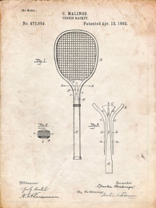 Picture of PP183- VINTAGE PARCHMENT TENNIS RACKET 1892 PATENT POSTER