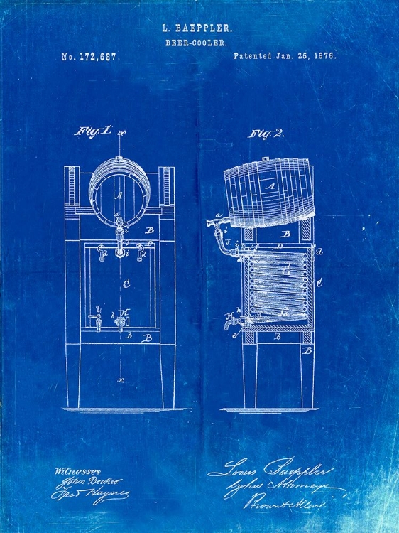 Picture of PP186- FADED BLUEPRINT BEER KEG COOLER 1876 PATENT POSTER