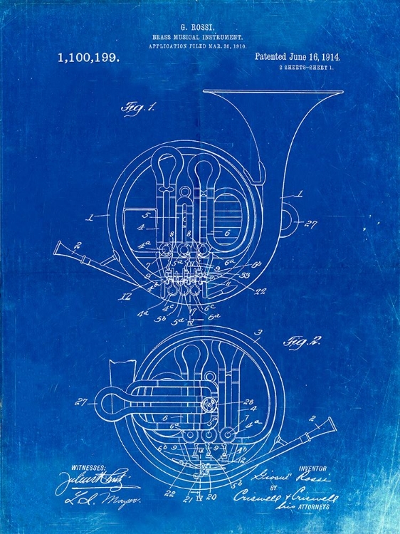 Picture of PP188- FADED BLUEPRINT FRENCH HORN 1914 PATENT POSTER