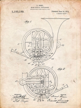 Picture of PP188- VINTAGE PARCHMENT FRENCH HORN 1914 PATENT POSTER