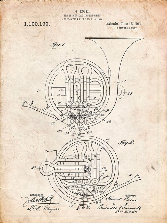 Picture of PP188- VINTAGE PARCHMENT FRENCH HORN 1914 PATENT POSTER