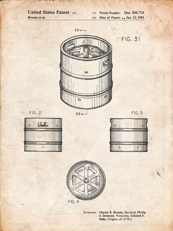 Picture of PP193- VINTAGE PARCHMENT MILLER BEER KEG PATENT POSTER