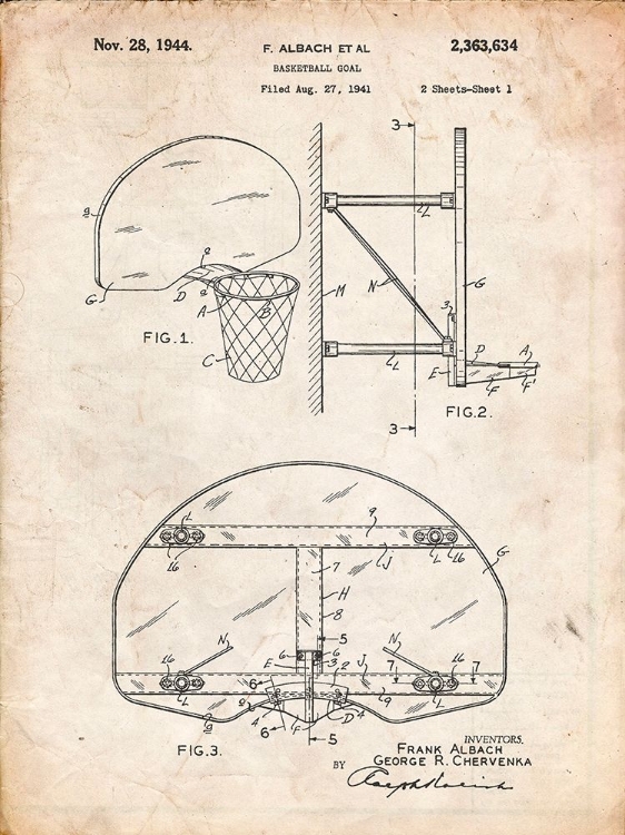 Picture of PP196- VINTAGE PARCHMENT ALBACH BASKETBALL GOAL PATENT POSTER