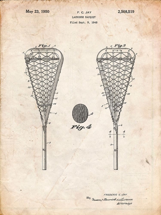 Picture of PP199- VINTAGE PARCHMENT LACROSSE STICK 1948 PATENT POSTER