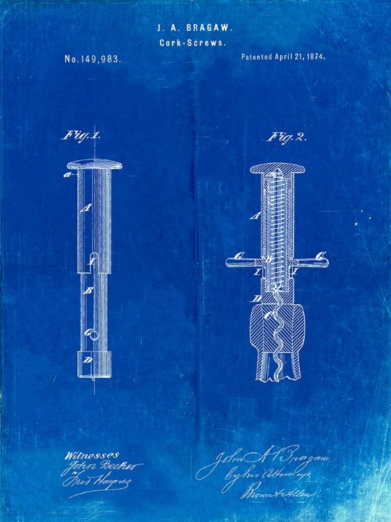 Picture of PP203- FADED BLUEPRINT CORKSCREW 1874 PATENT POSTER