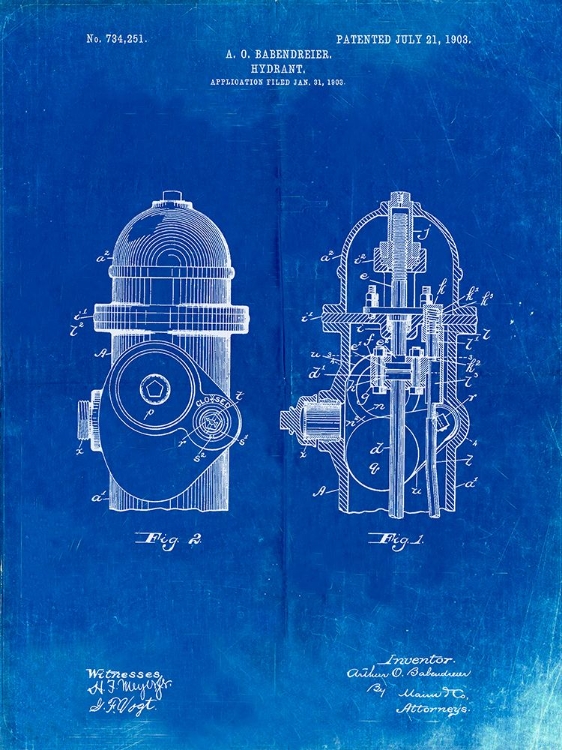 Picture of PP210-FADED BLUEPRINT FIRE HYDRANT 1903 PATENT POSTER