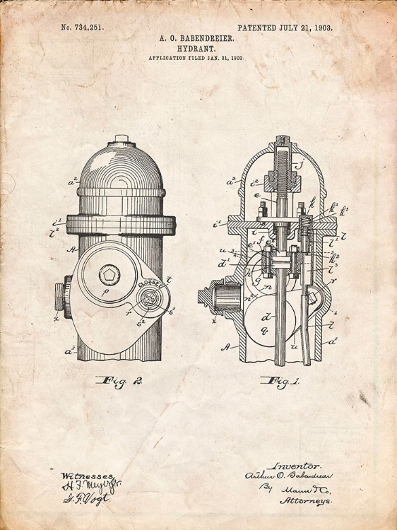 Picture of PP210-VINTAGE PARCHMENT FIRE HYDRANT 1903 PATENT POSTER