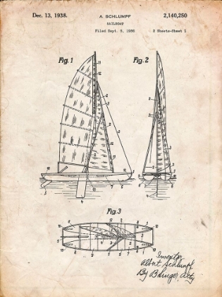 Picture of PP216-VINTAGE PARCHMENT SCHLUMPF SAILBOAT PATENT POSTER