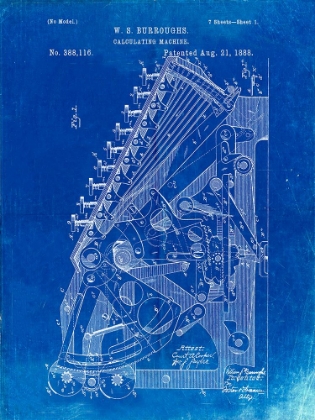 Picture of PP226-FADED BLUEPRINT BURROUGHS ADDING MACHINE PATENT POSTER