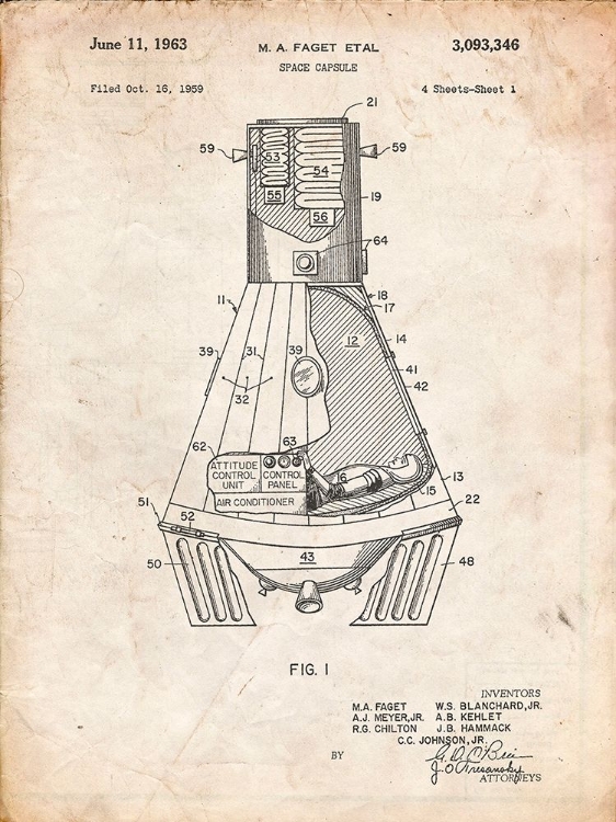 Picture of PP229-VINTAGE PARCHMENT NASA SPACE CAPSULE 1959 PATENT POSTER
