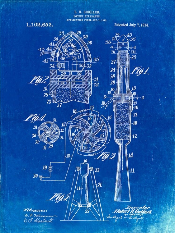 Picture of PP230-FADED BLUEPRINT ROBERT GODDARD ROCKET PATENT POSTER