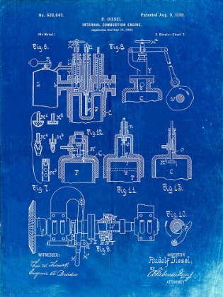 Picture of PP257-FADED BLUEPRINT DIESEL ENGINE 1898 PATENT POSTER