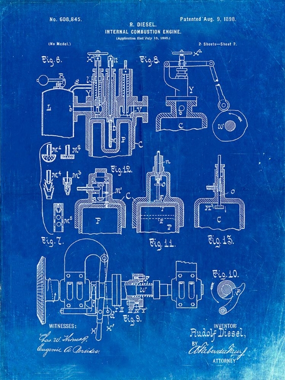 Picture of PP257-FADED BLUEPRINT DIESEL ENGINE 1898 PATENT POSTER