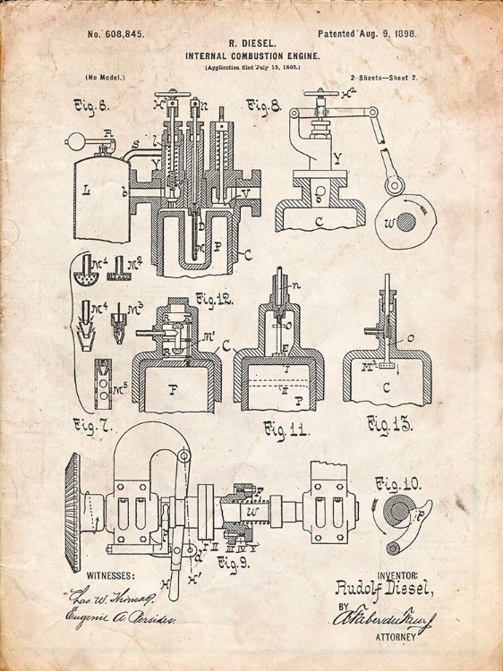 Picture of PP257-VINTAGE PARCHMENT DIESEL ENGINE 1898 PATENT POSTER