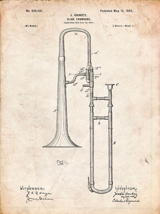 Picture of PP261-VINTAGE PARCHMENT SLIDE TROMBONE PATENT POSTER