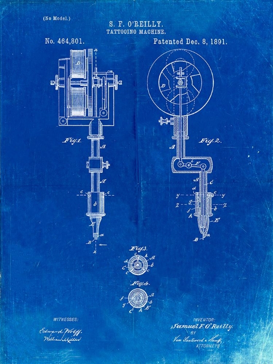 Picture of PP308-FADED BLUEPRINT TATTOOING MACHINE PATENT POSTER