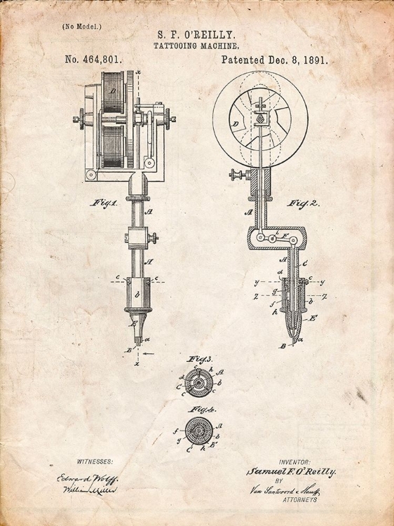 Picture of PP308-VINTAGE PARCHMENT TATTOOING MACHINE PATENT POSTER