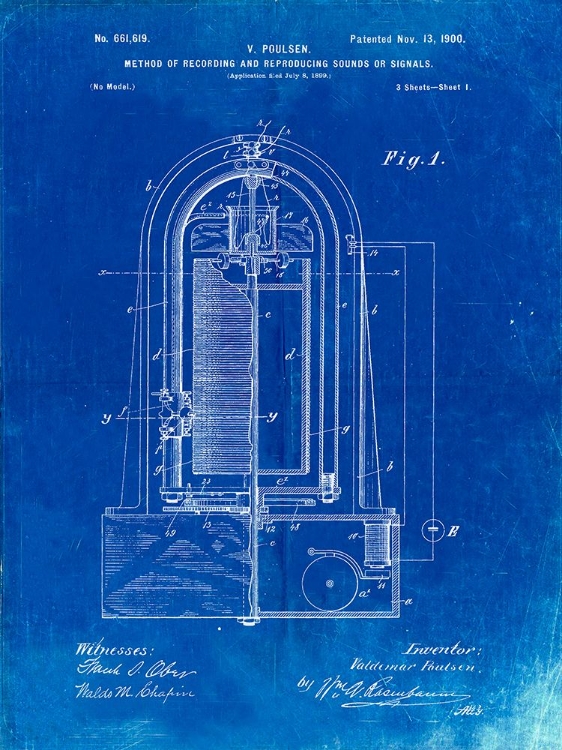 Picture of PP318-FADED BLUEPRINT POULSEN MAGNETIC WIRE RECORDER 1900 PATENT POSTER