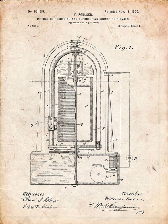 Picture of PP318-VINTAGE PARCHMENT POULSEN MAGNETIC WIRE RECORDER 1900 PATENT POSTER