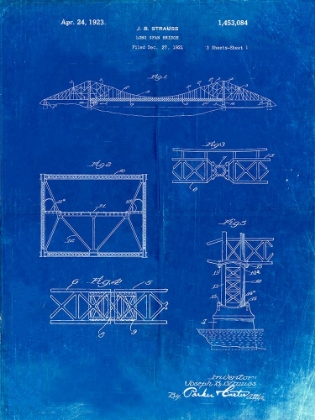 Picture of PP350-FADED BLUEPRINT GOLDEN GATE BRIDGE PATENT POSTER