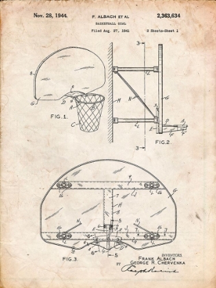 Picture of PP381-VINTAGE PARCHMENT BASKETBALL GOAL PATENT PRINT