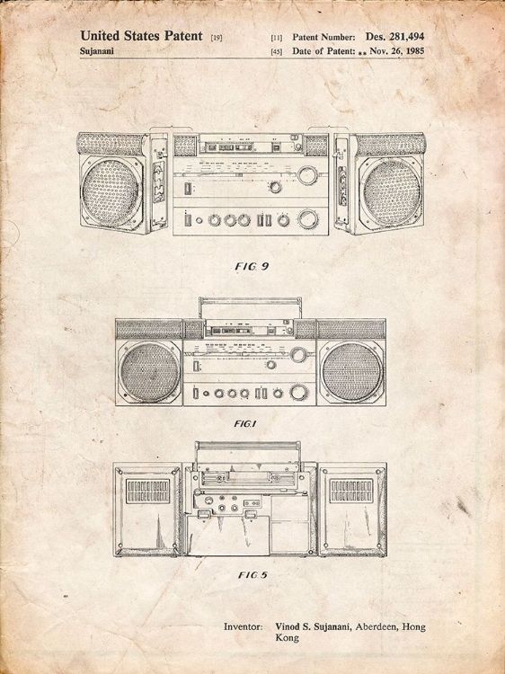 Picture of PP448-VINTAGE PARCHMENT HITACHI BOOM BOX PATENT POSTER