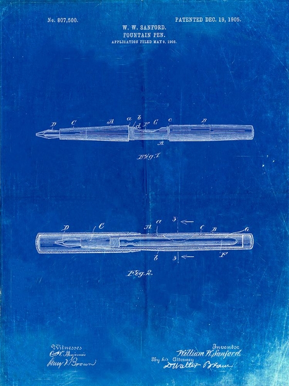 Picture of PP494-FADED BLUEPRINT SANFORD FOUNTAIN PEN 1905 PATENT POSTER
