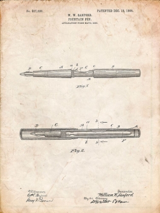 Picture of PP494-VINTAGE PARCHMENT SANFORD FOUNTAIN PEN 1905 PATENT POSTER