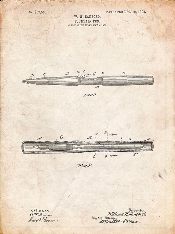 Picture of PP494-VINTAGE PARCHMENT SANFORD FOUNTAIN PEN 1905 PATENT POSTER