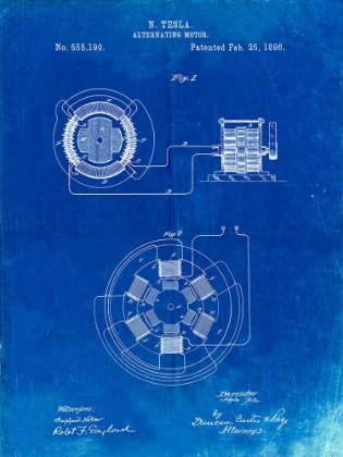 Picture of PP505-FADED BLUEPRINT TESLA ALTERNATING MOTOR PATENT POSTER
