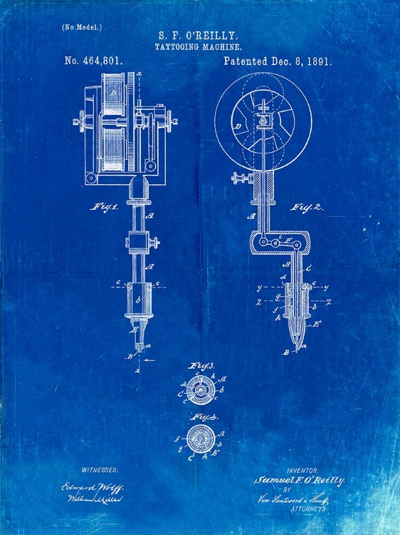 Picture of PP814-FADED BLUEPRINT FIRST TATTOO MACHINE PATENT POSTER