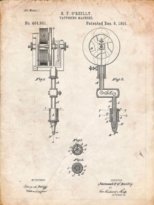 Picture of PP814-VINTAGE PARCHMENT FIRST TATTOO MACHINE PATENT POSTER