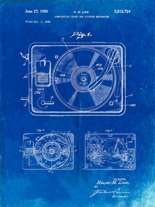 Picture of PP1009-FADED BLUEPRINT RECORD PLAYER PATENT POSTER