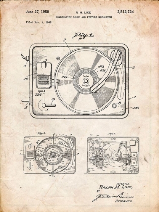 Picture of PP1009-VINTAGE PARCHMENT RECORD PLAYER PATENT POSTER