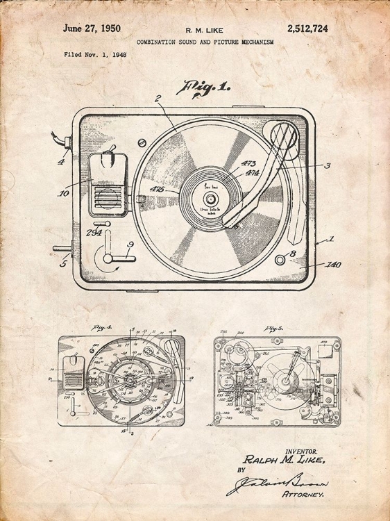 Picture of PP1009-VINTAGE PARCHMENT RECORD PLAYER PATENT POSTER