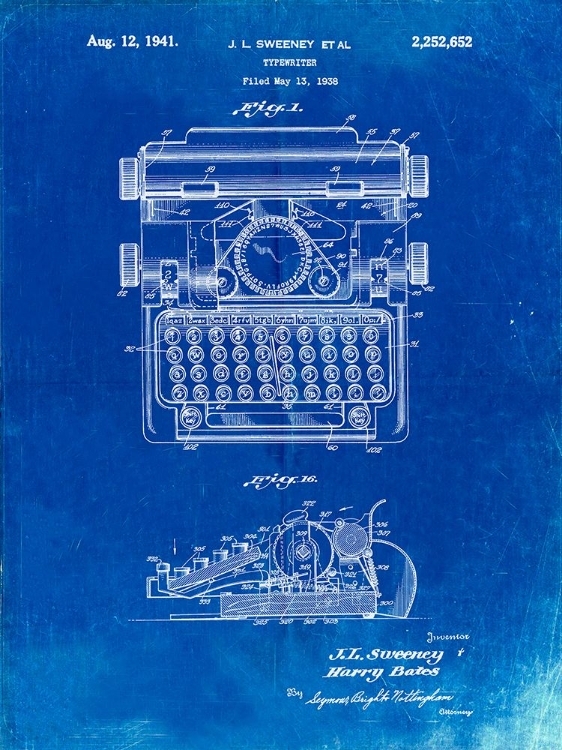 Picture of PP1029-FADED BLUEPRINT SCHOOL TYPEWRITER PATENT POSTER