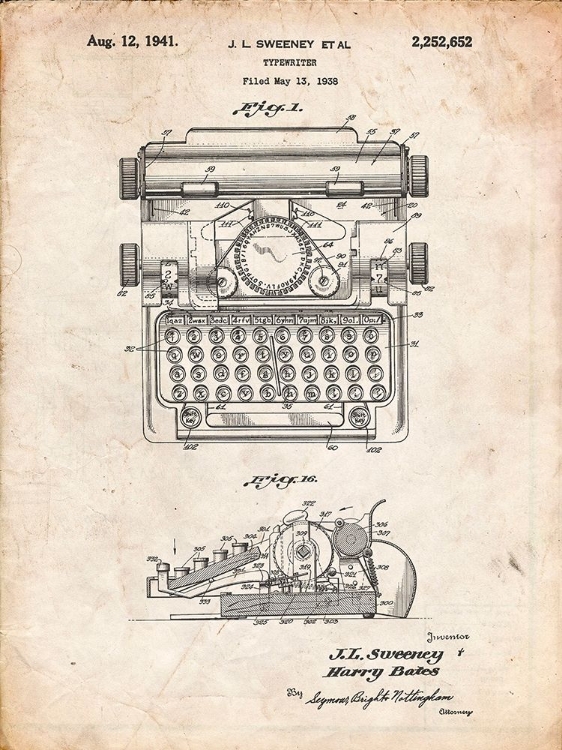 Picture of PP1029-VINTAGE PARCHMENT SCHOOL TYPEWRITER PATENT POSTER