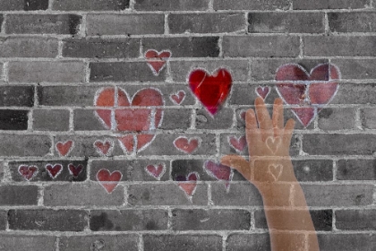 Picture of ABSTRACT OF BRICK WALL WITH HEARTS AND HAND