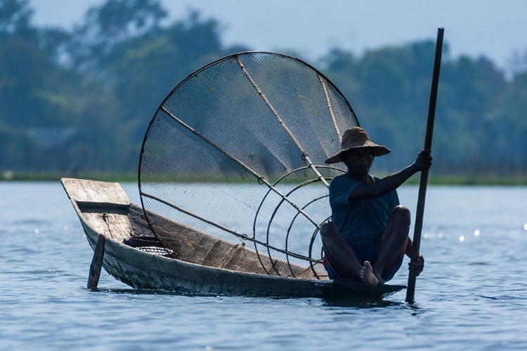 Picture of INLAY LAKE-SHAN STATE-MYANMAR-FISHERMAN POLES HIS CANOE