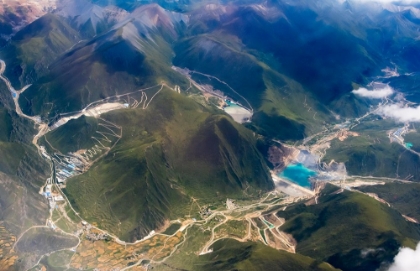 Picture of AERIAL VIEW OF VILLAGE AND BARLEY FIELD IN LHASA VALLEY-TIBET-CHINA