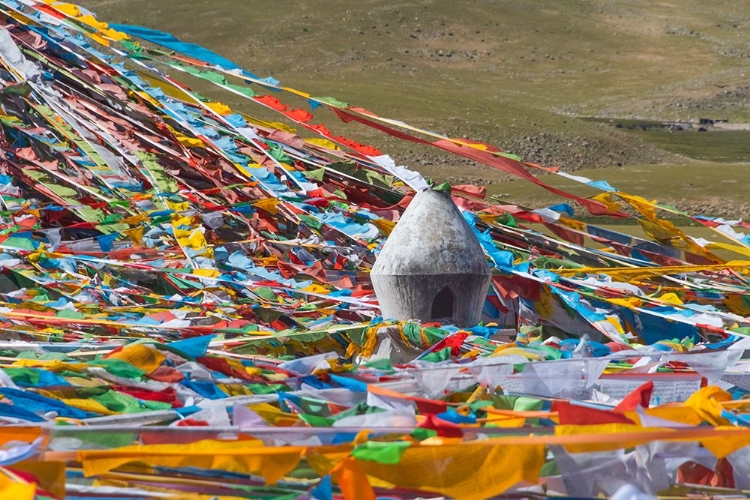 Picture of PRAYER FLAGS WITH JUNIPER INCENSE BURNER ON TIBETAN PLATEAU-NAMTSO-LAKE NAM-TIBET-CHINA