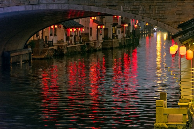 Picture of NIGHT VIEW OF TRADITIONAL HOUSE AND STONE BRIDGE ON THE GRAND CANAL-WUXI-JIANGSU PROVINCE-CHINA