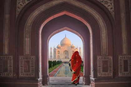 Picture of INDIA-AGRA-TAJ MAHAL-COMPOSITE OF WOMAN IN ARCHWAY FACING MAUSOLEUM