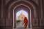 Picture of INDIA-AGRA-TAJ MAHAL-COMPOSITE OF WOMAN IN ARCHWAY FACING MAUSOLEUM